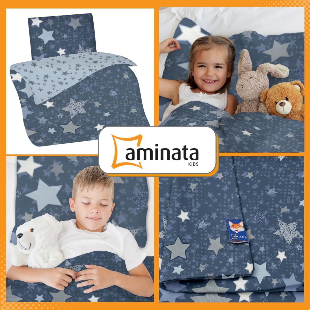 Biber Bettwäsche Sterne 100x135 | 40x60 cm - blau - 100 % Baumwolle