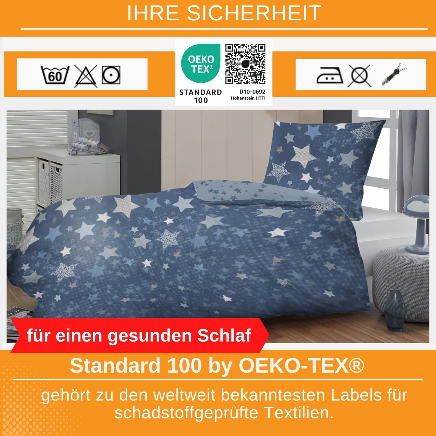 Biber Bettwäsche Sterne 135x200 | 80x80 cm - blau- 100 % Baumwolle
