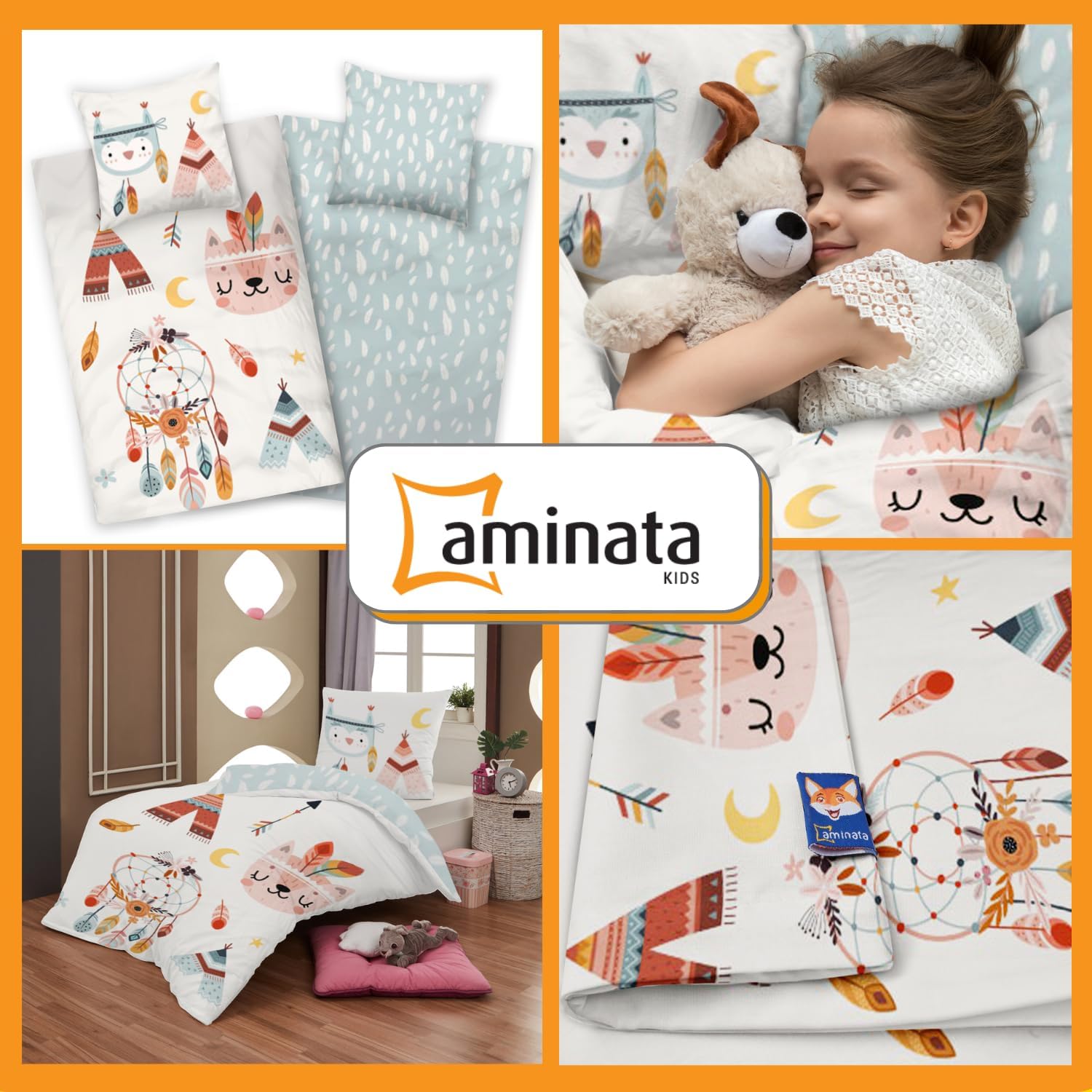 Aminata Kids Biancheria Da Letto Indiana In Flanella, 135x200 Cm, Con Federa 80x80 Cm, Morbido Cotone, Motivo Acchiappasogni, Per Bambini E Ragazzi