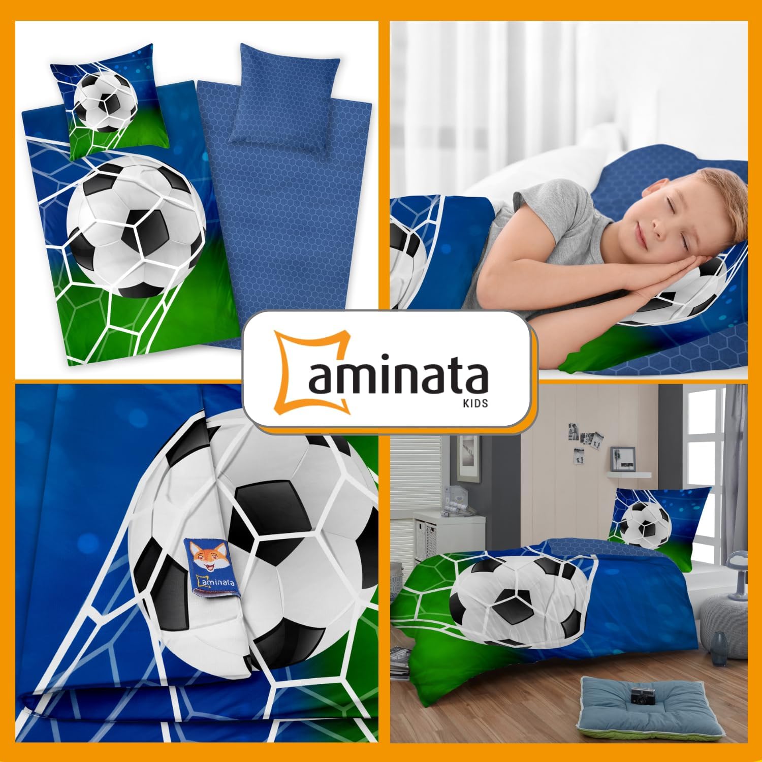 Biber Bettwäsche Fußball 135x200 | 80x80 cm - blau grün