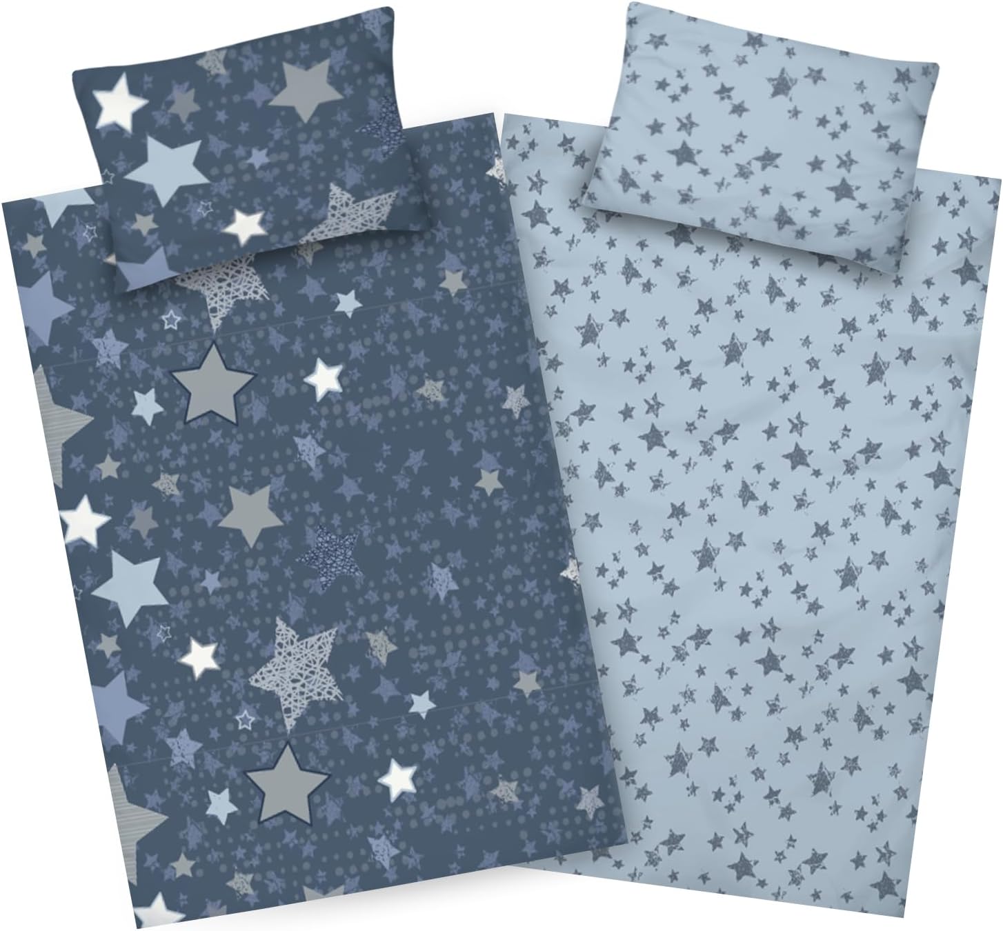 Biber Bettwäsche Sterne 100x135 | 40x60 cm - blau - 100 % Baumwolle